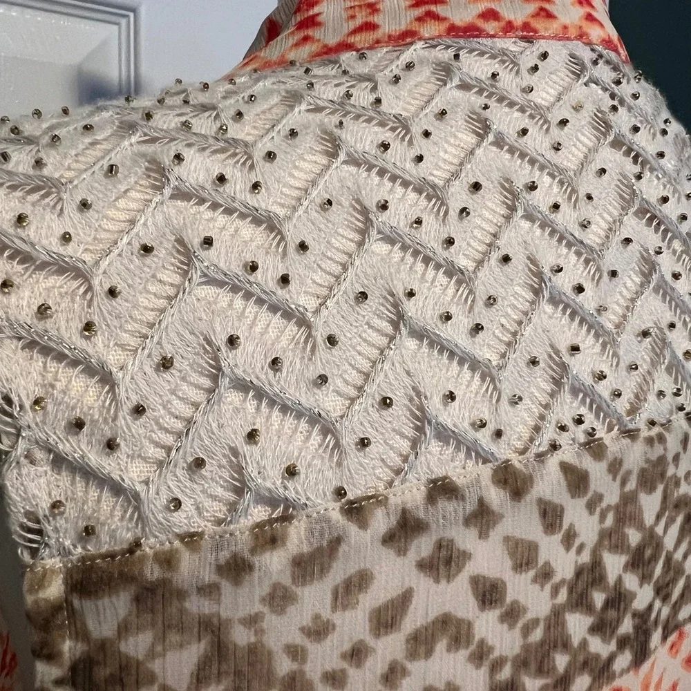 Chico's Size 1 Sheer‎ Kimono Orange Tan Tribal Beaded Crochet Lace Boho Topper